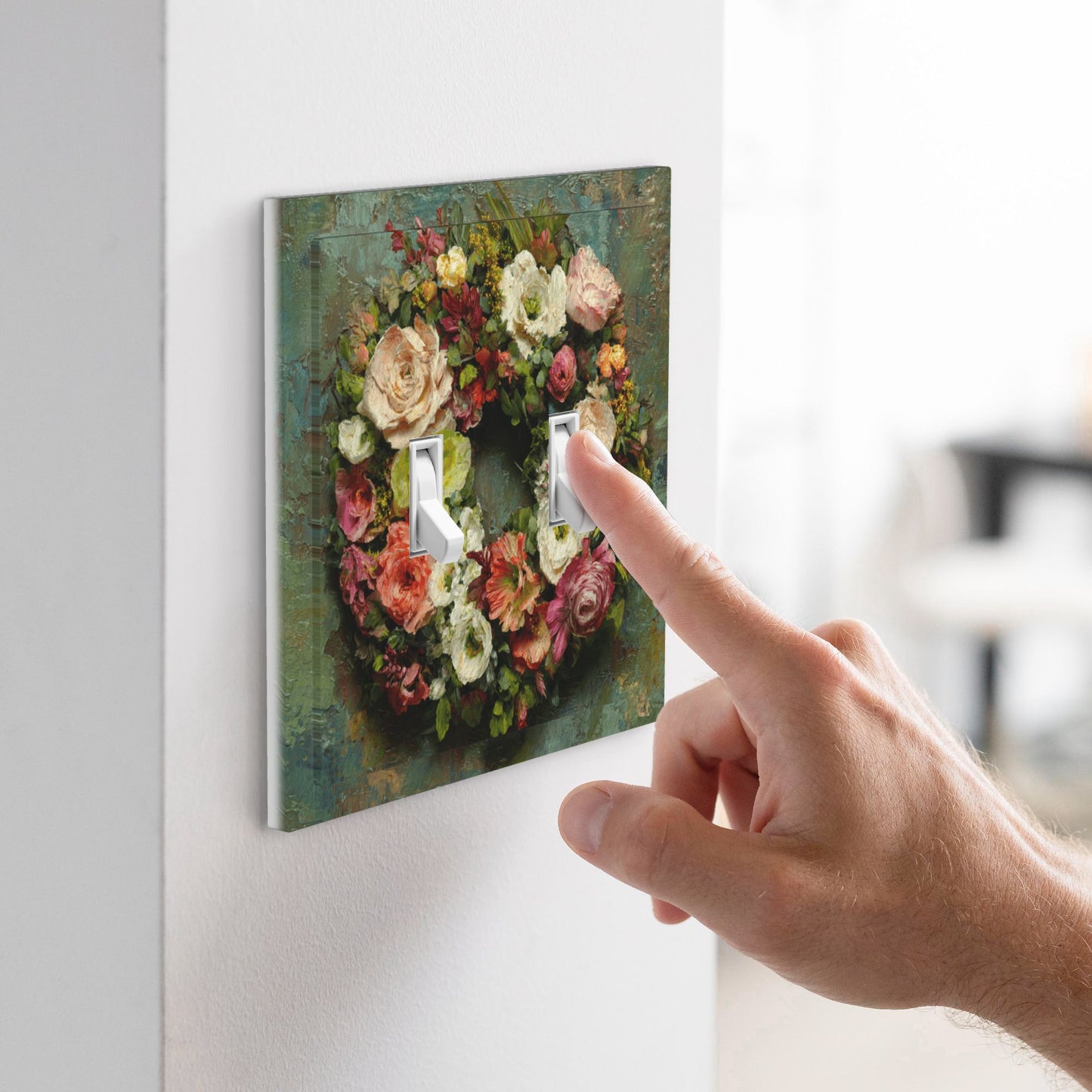 Modern Leather Texture Double Toggle Switch Plate – Vintage Floral Wreath Artistic Wall Cover