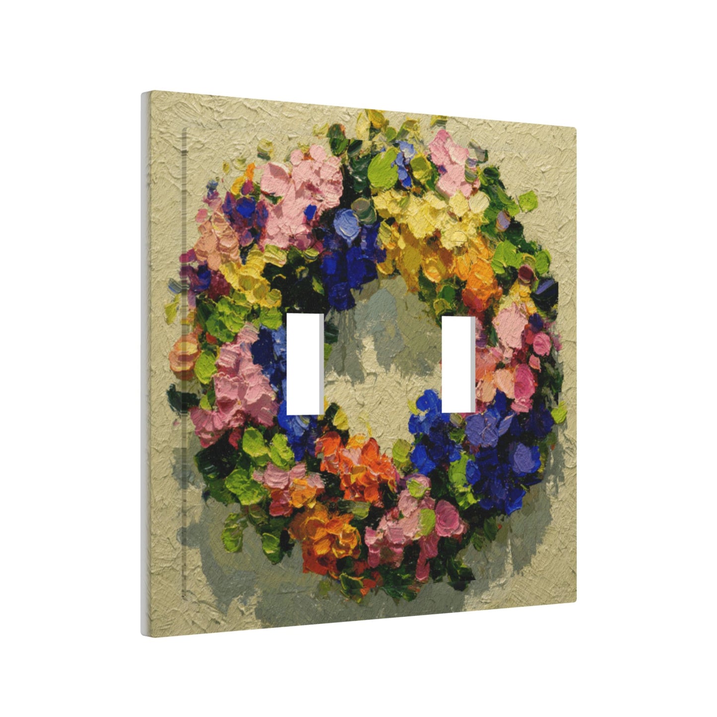 Modern Leather Texture Double Toggle Switch Plate – Colorful Floral Wreath Artistic Wall Cover