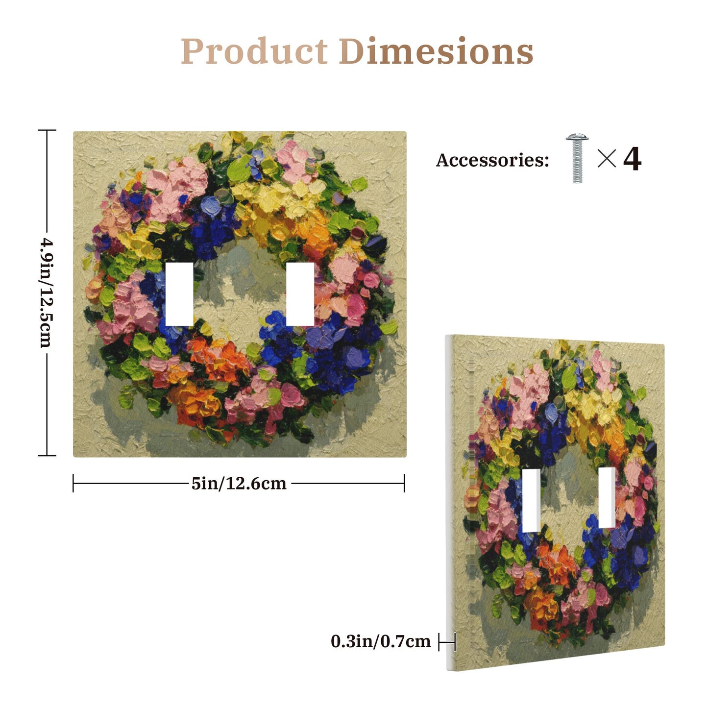 Modern Leather Texture Double Toggle Switch Plate – Colorful Floral Wreath Artistic Wall Cover