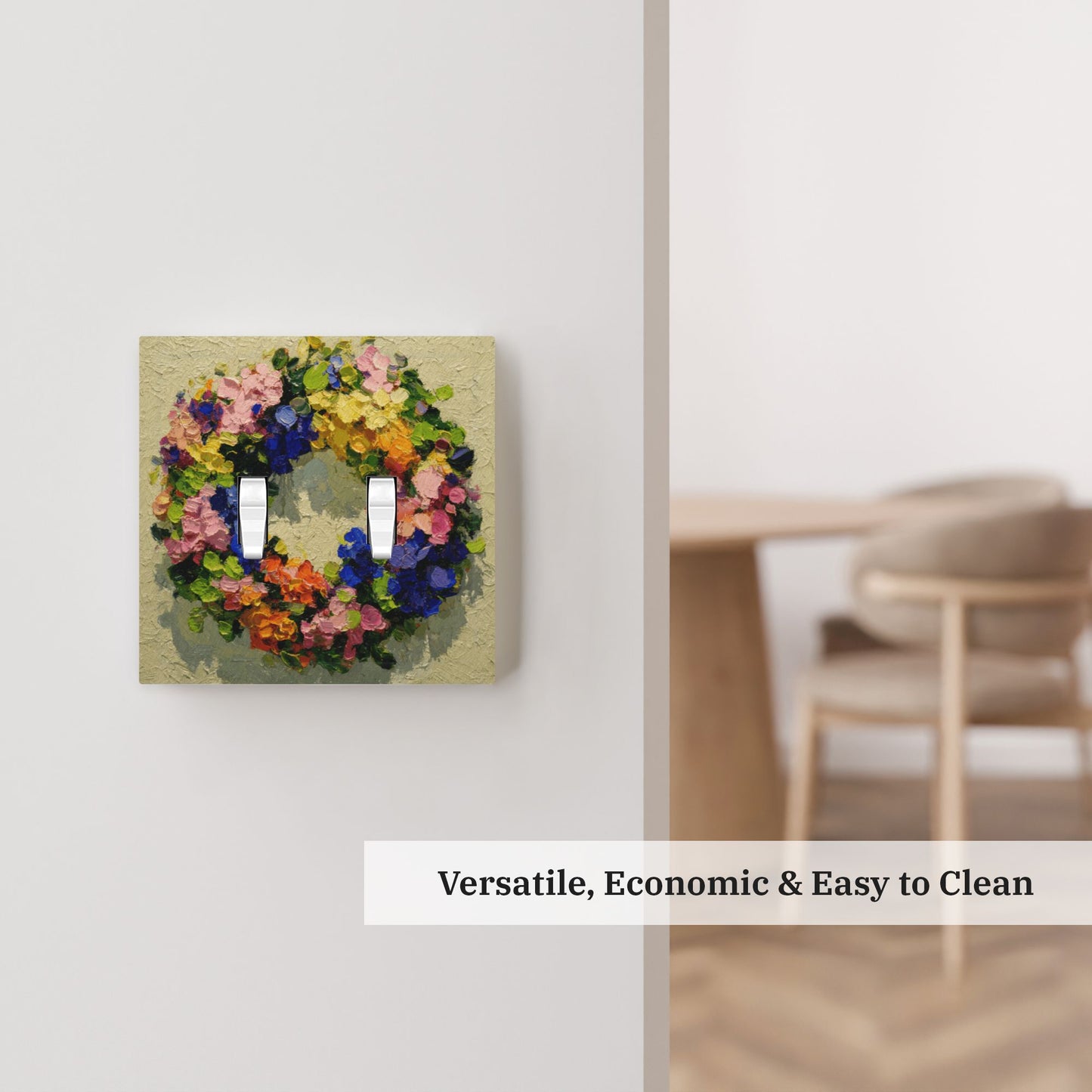 Modern Leather Texture Double Toggle Switch Plate – Colorful Floral Wreath Artistic Wall Cover