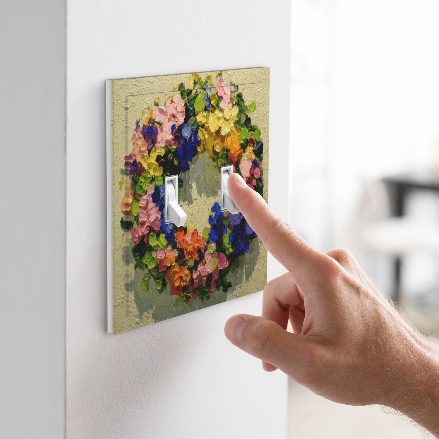 Modern Leather Texture Double Toggle Switch Plate – Colorful Floral Wreath Artistic Wall Cover