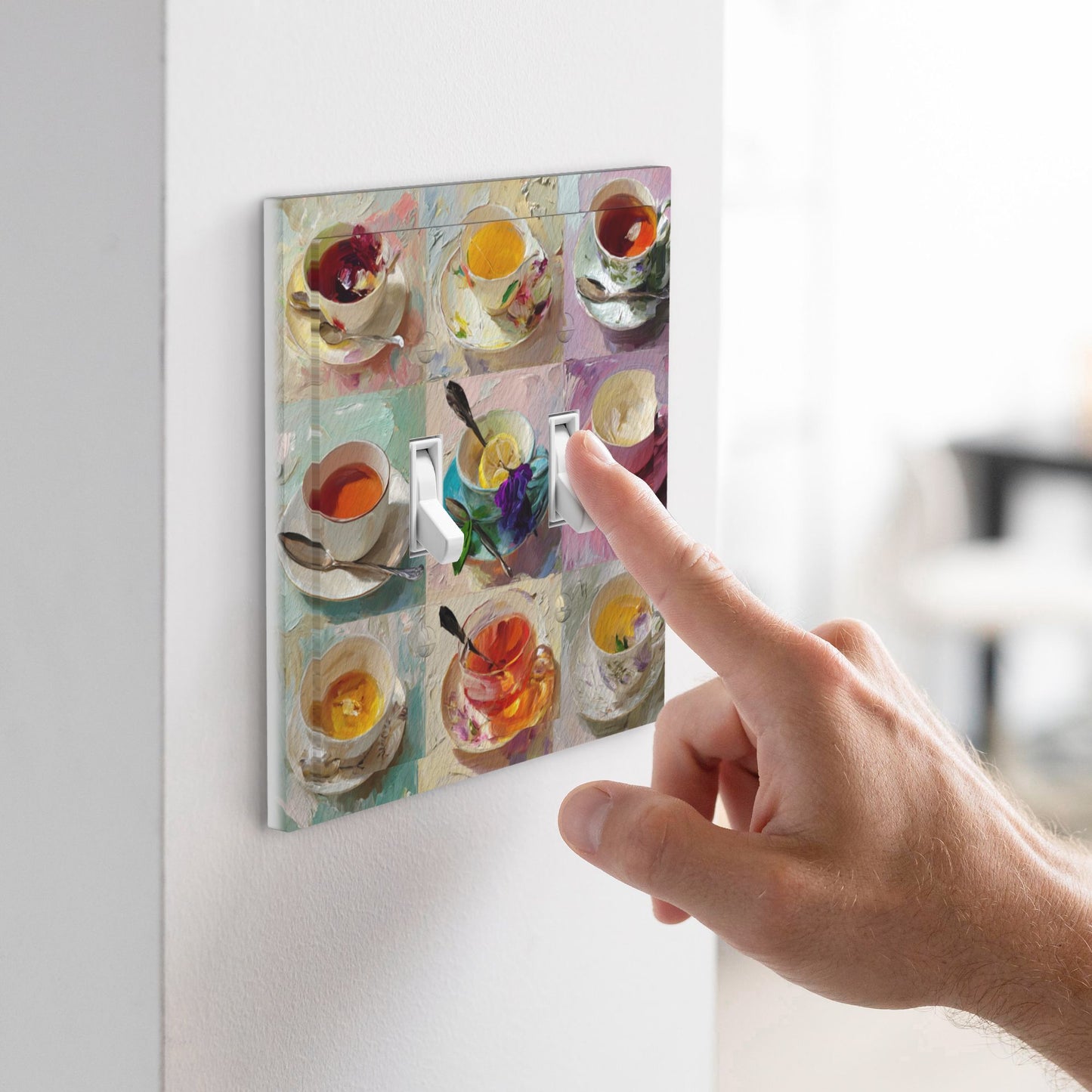 Modern Leather Texture Double Toggle Switch Plate – Artistic Teacup Design Wall Cover