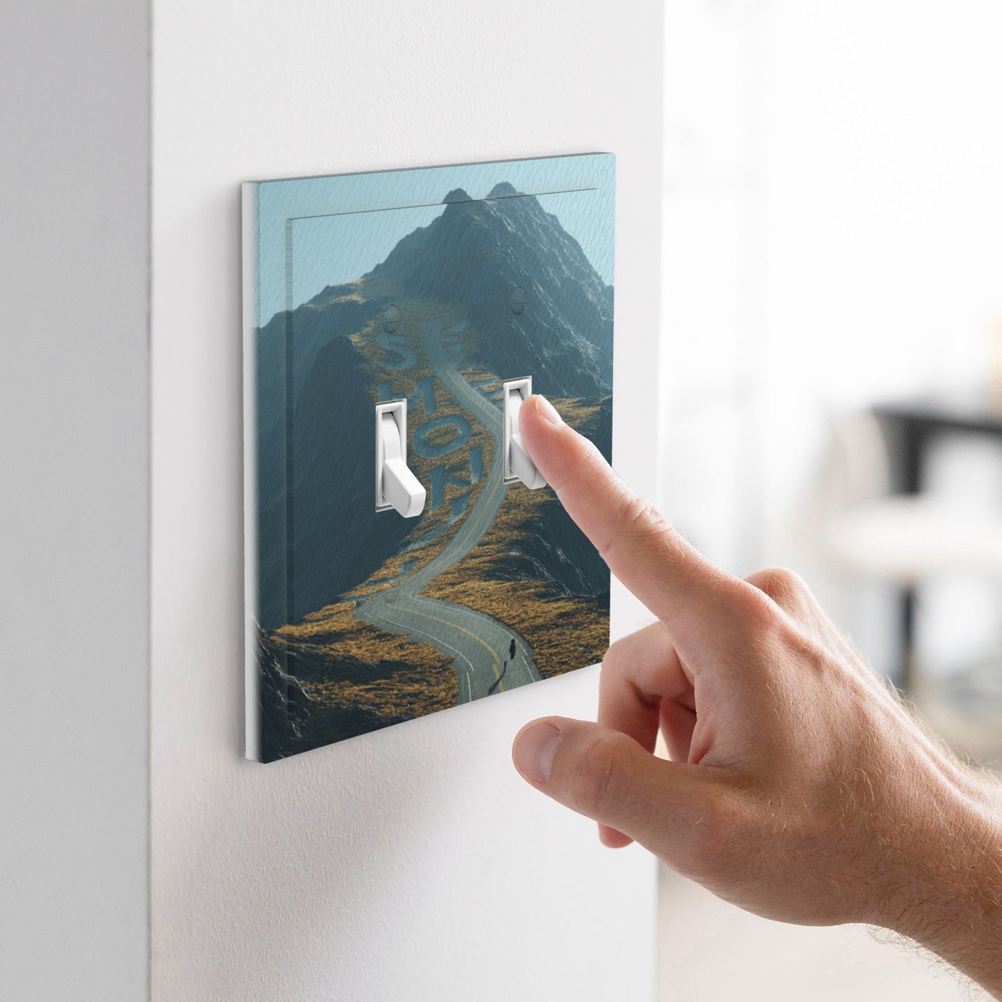 Modern Leather Texture Double Toggle Switch Plate – Winding Mountain Road & Climber Art Design