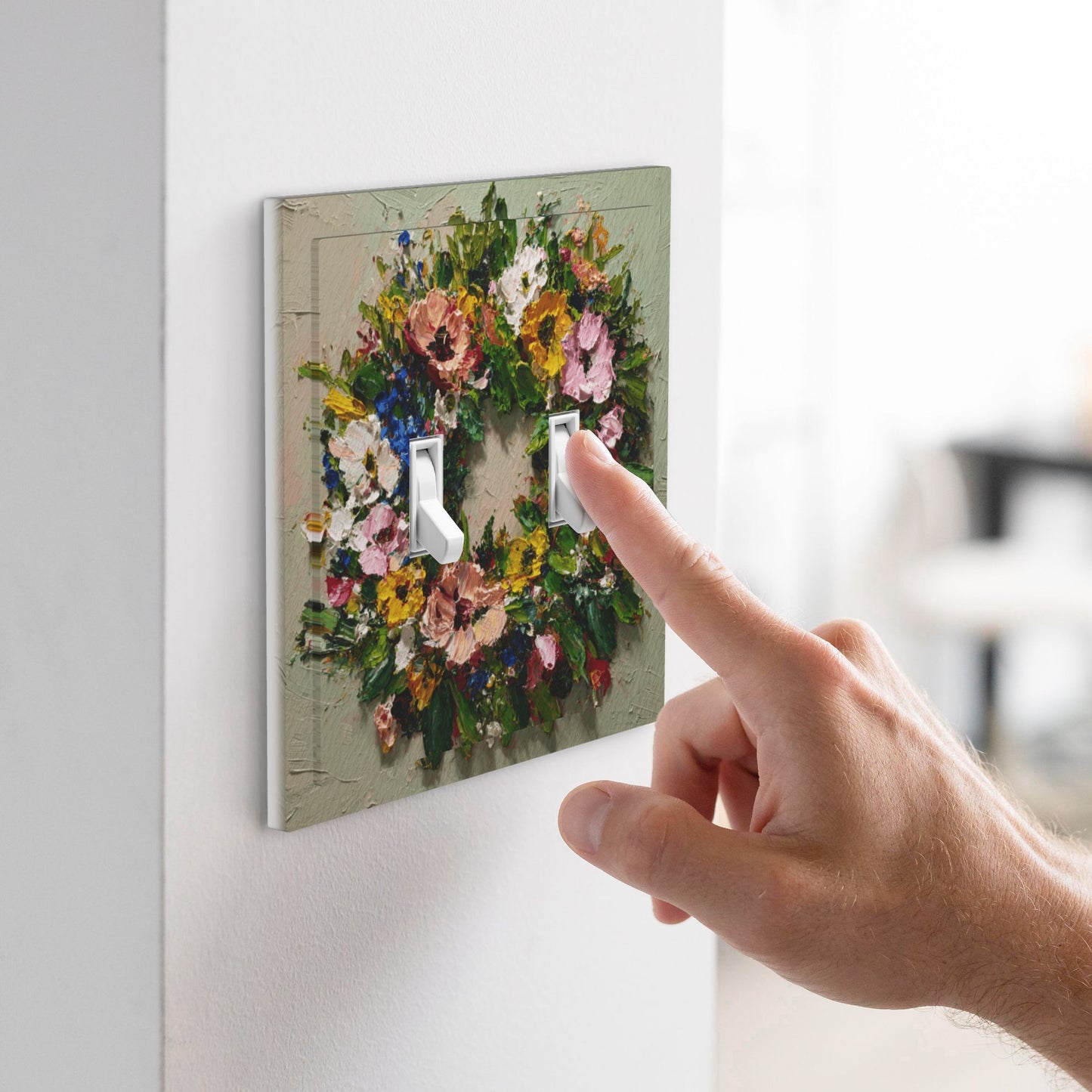 Modern Leather Texture Double Toggle Light Switch Plate – Artistic Floral Wreath Design
