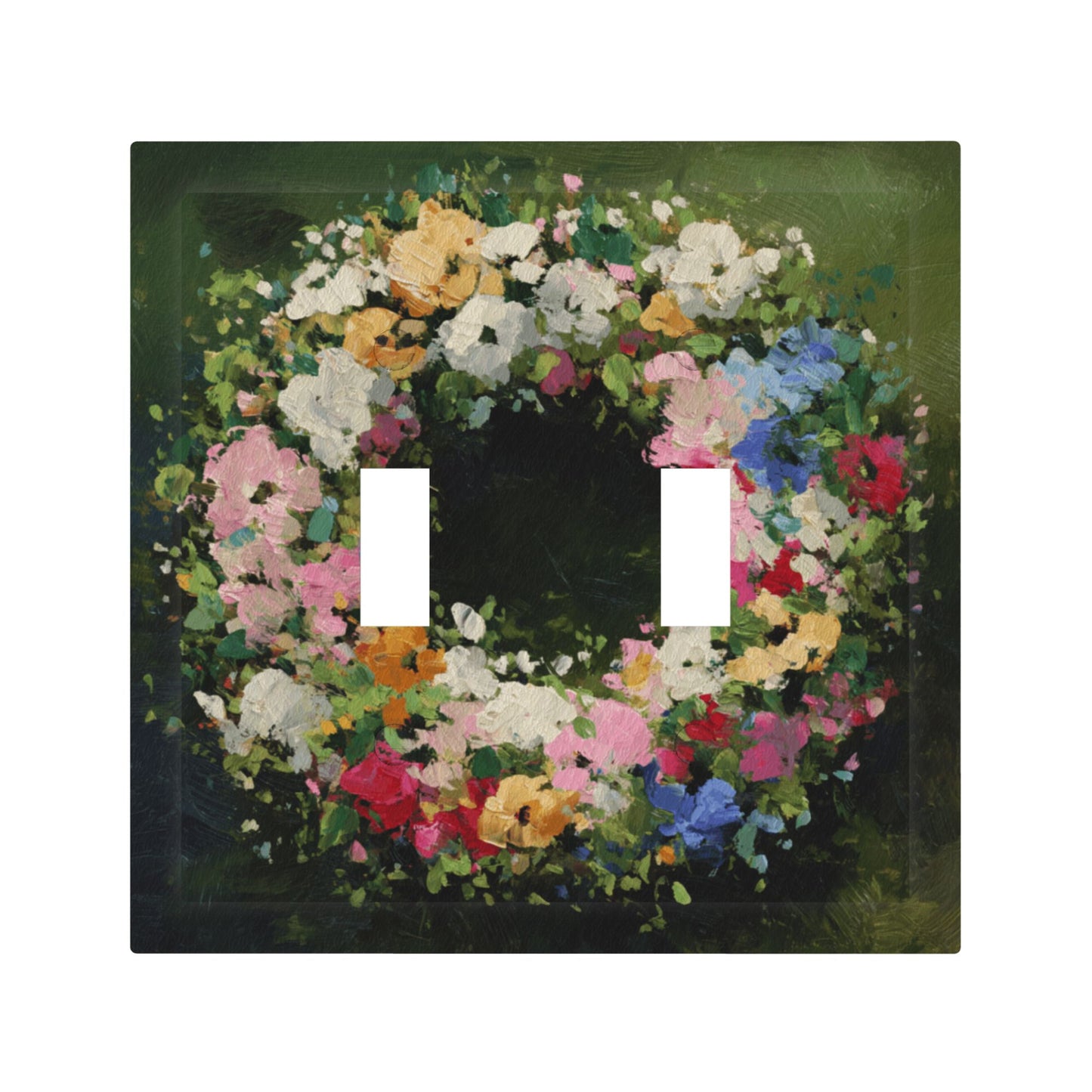 Modern Leather Texture Double Toggle Light Switch Plate – Green Floral Wreath Artistic Wall Cover