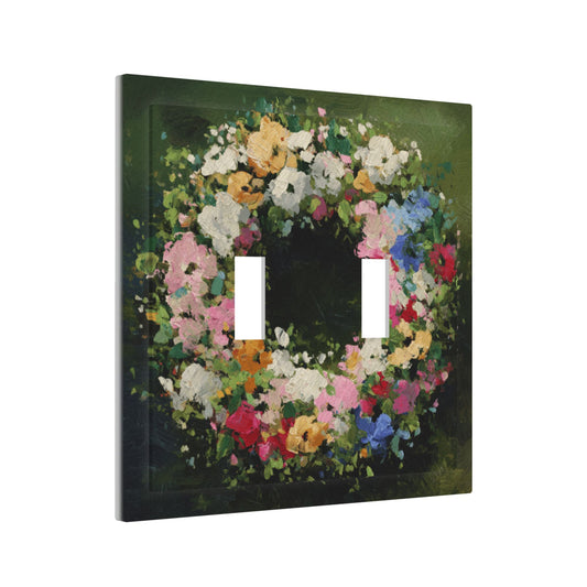Modern Leather Texture Double Toggle Light Switch Plate – Green Floral Wreath Artistic Wall Cover