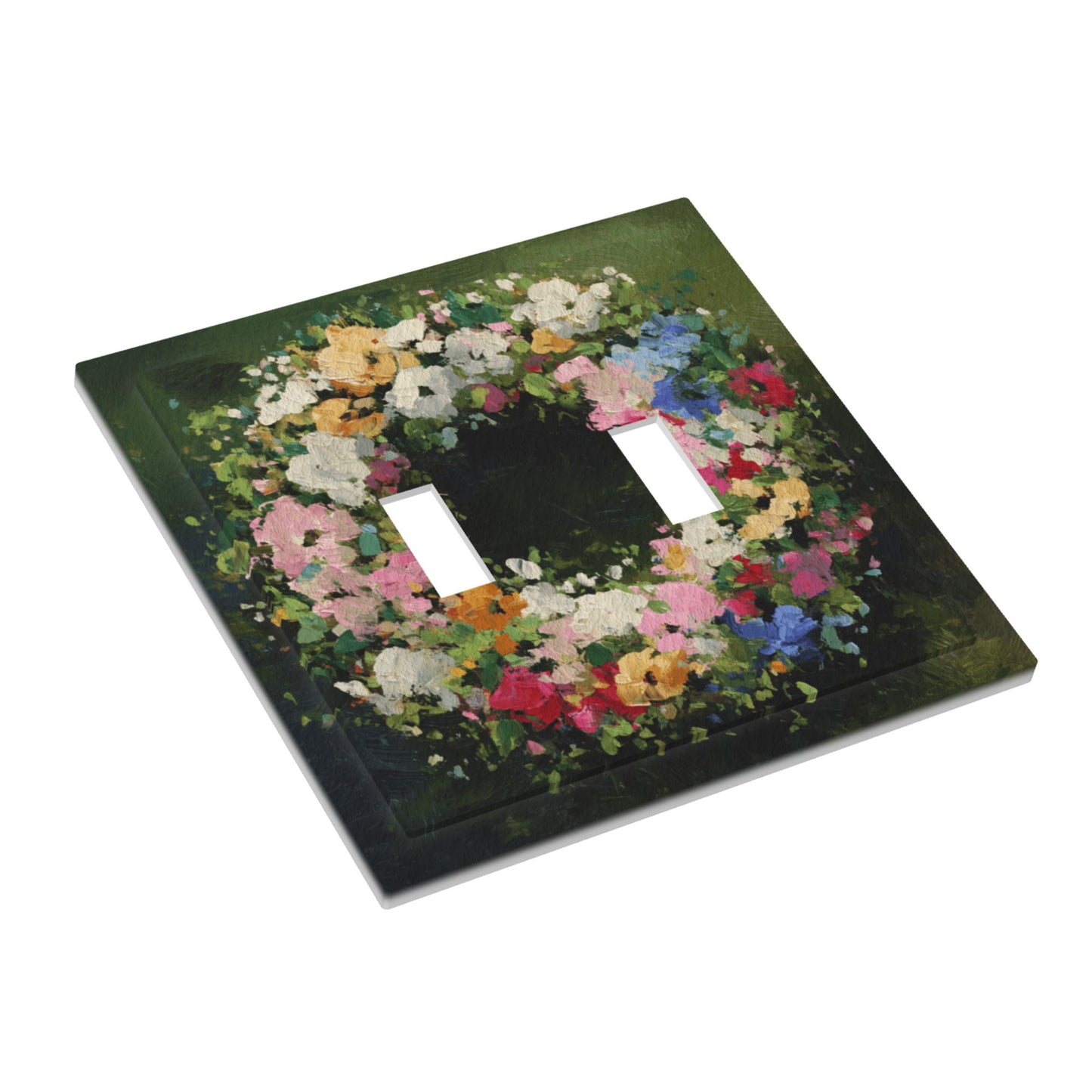 Modern Leather Texture Double Toggle Light Switch Plate – Green Floral Wreath Artistic Wall Cover