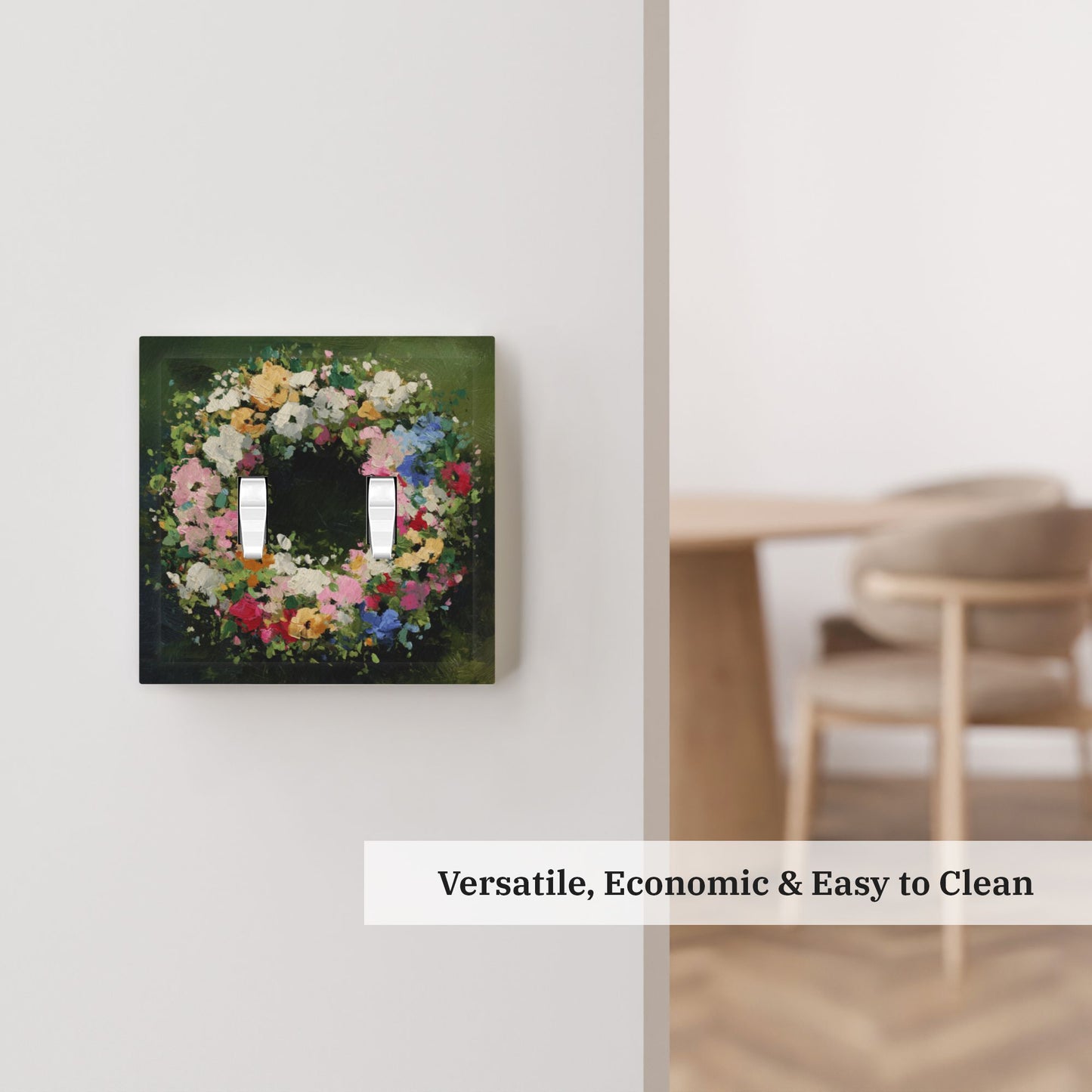 Modern Leather Texture Double Toggle Light Switch Plate – Green Floral Wreath Artistic Wall Cover