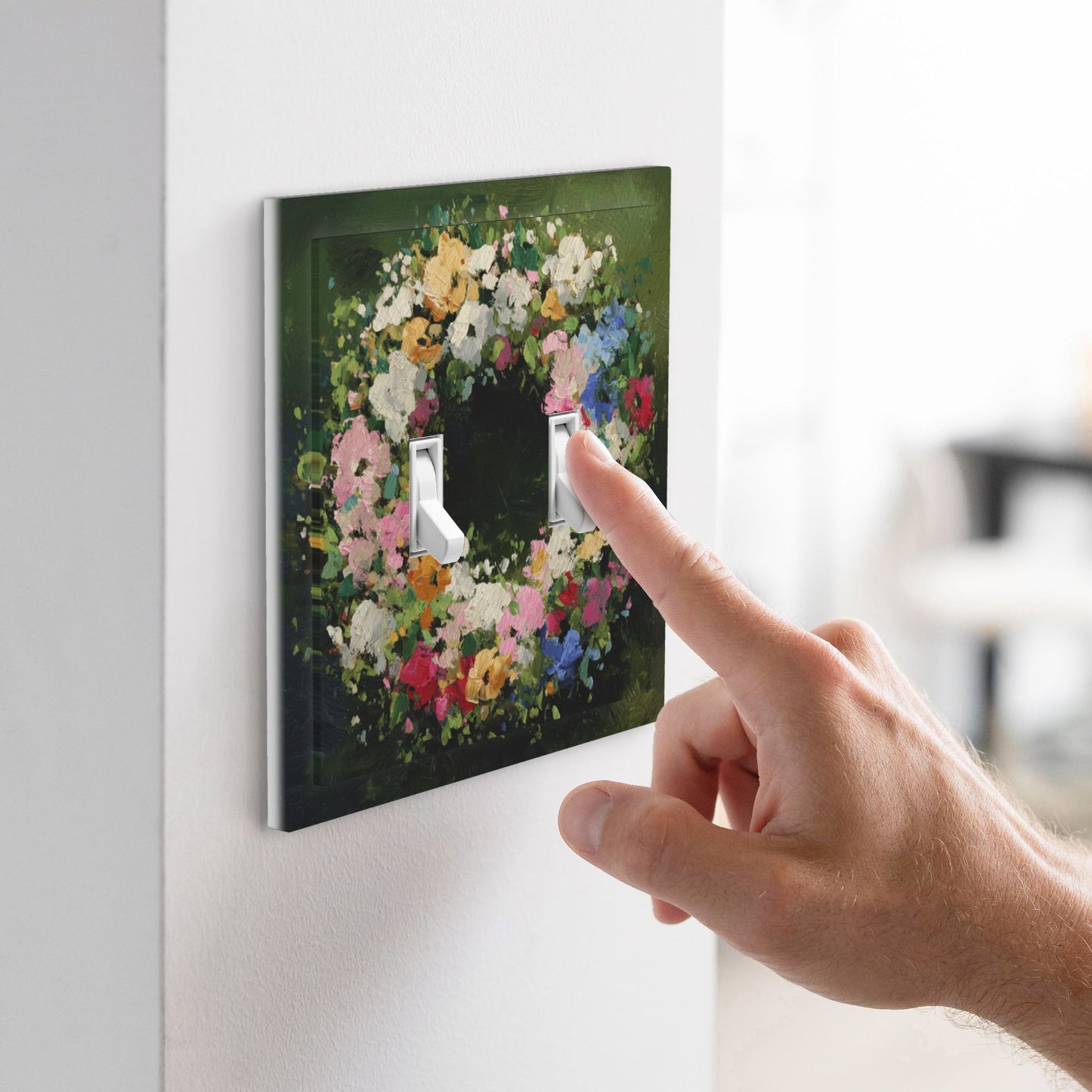 Modern Leather Texture Double Toggle Light Switch Plate – Green Floral Wreath Artistic Wall Cover