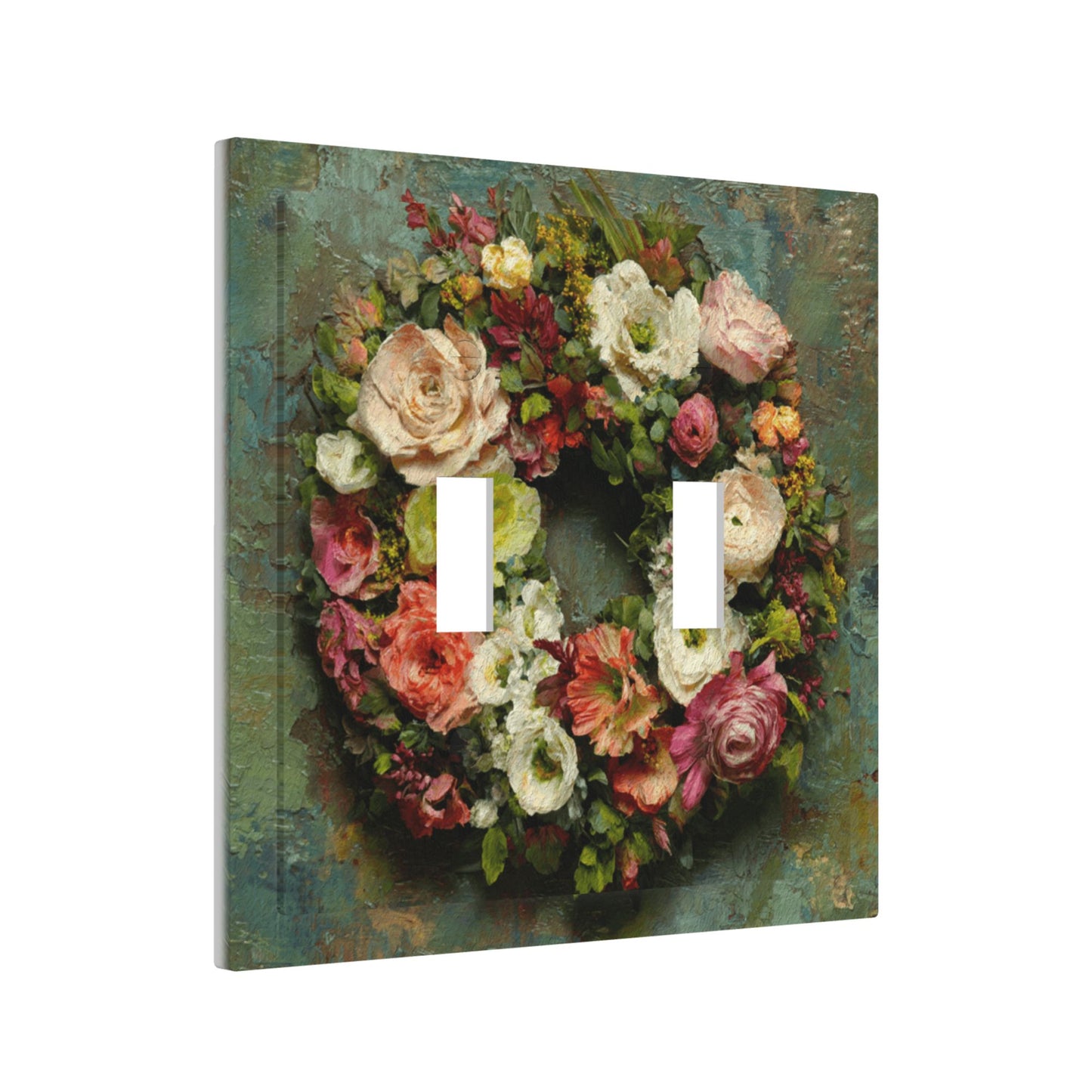 Modern Leather Texture Double Toggle Switch Plate – Vintage Floral Wreath Artistic Wall Cover
