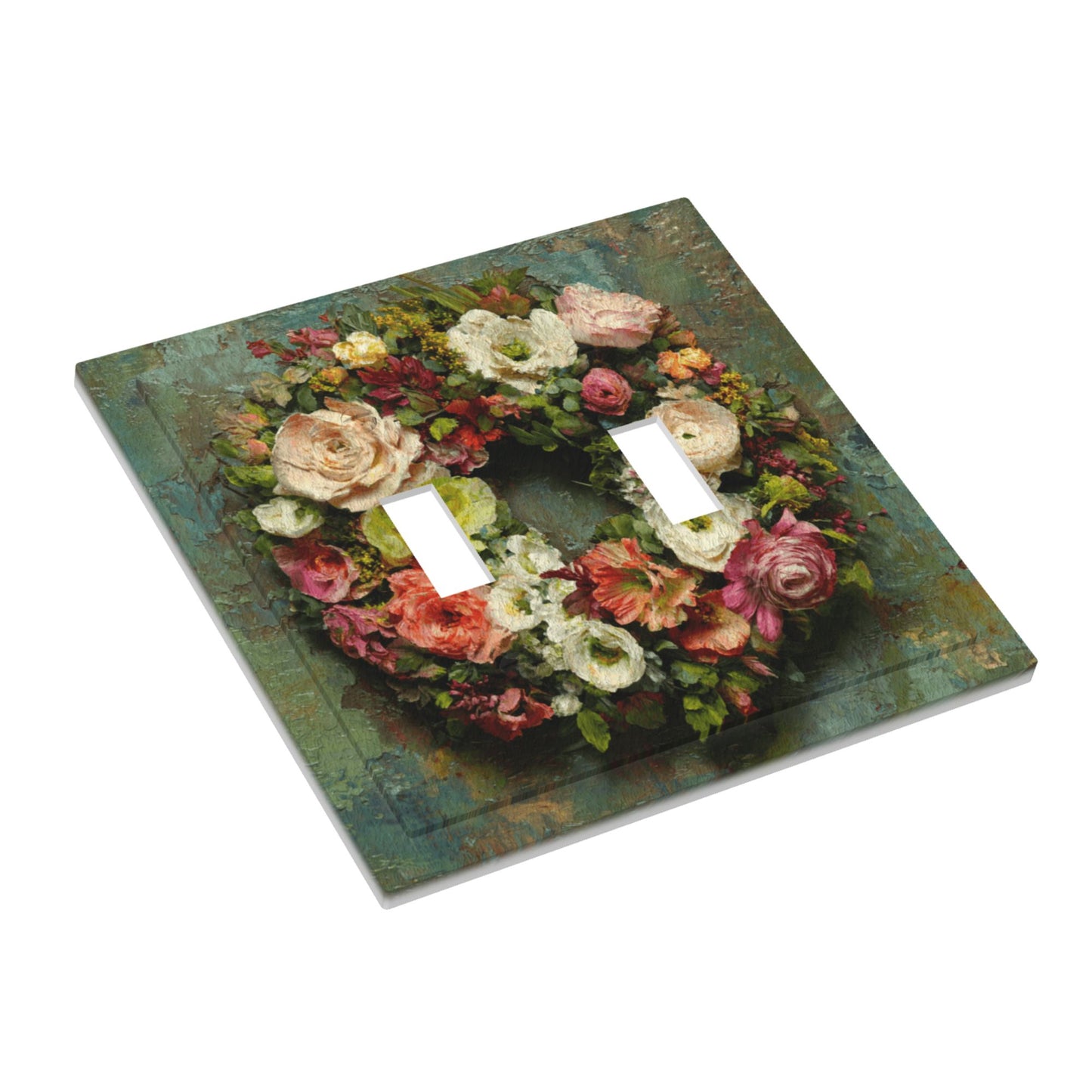Modern Leather Texture Double Toggle Switch Plate – Vintage Floral Wreath Artistic Wall Cover