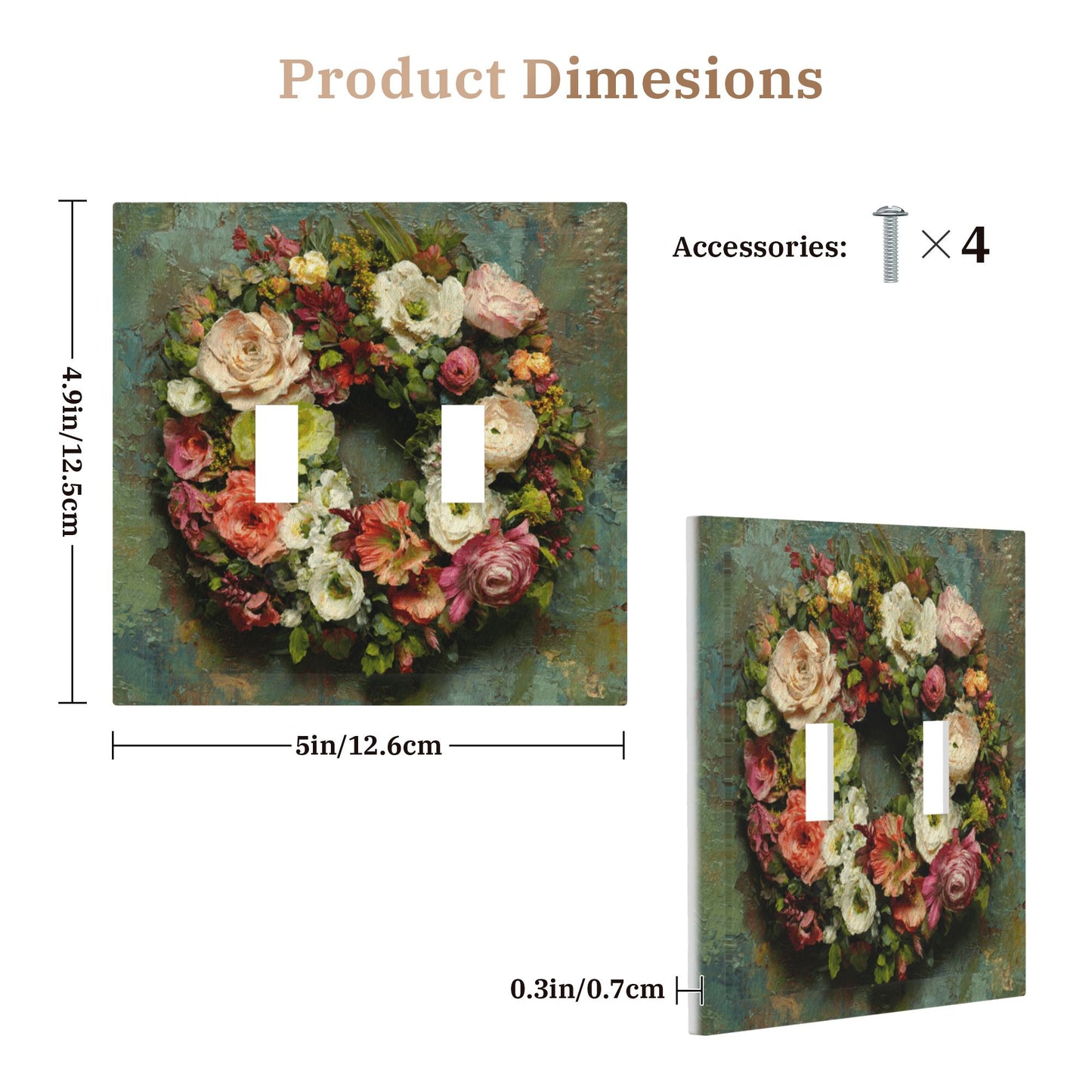 Modern Leather Texture Double Toggle Switch Plate – Vintage Floral Wreath Artistic Wall Cover