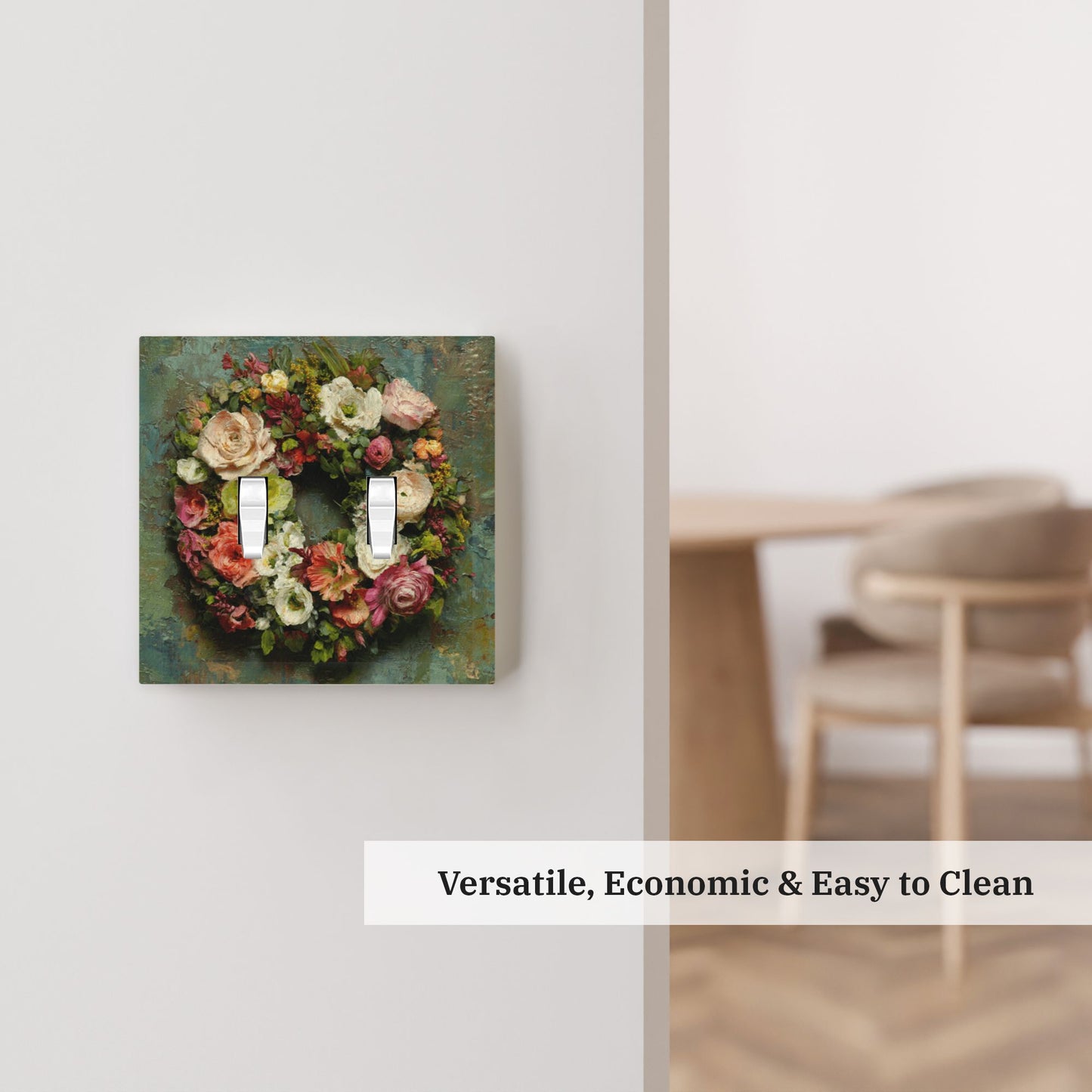 Modern Leather Texture Double Toggle Switch Plate – Vintage Floral Wreath Artistic Wall Cover