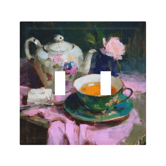 Modern Leather Texture Double Toggle Switch Plate – Artistic Teapot & Teacup Painting Design