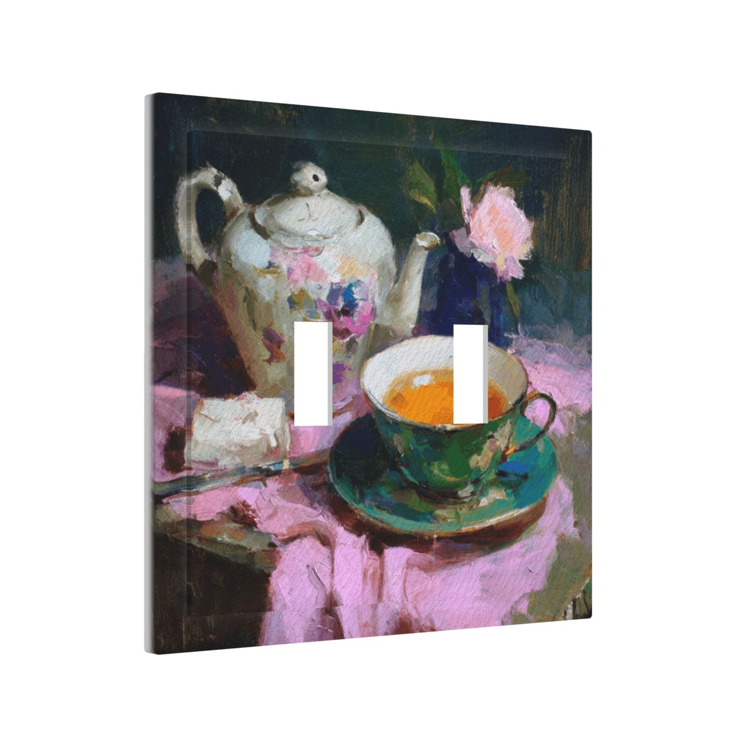 Modern Leather Texture Double Toggle Switch Plate – Artistic Teapot & Teacup Painting Design