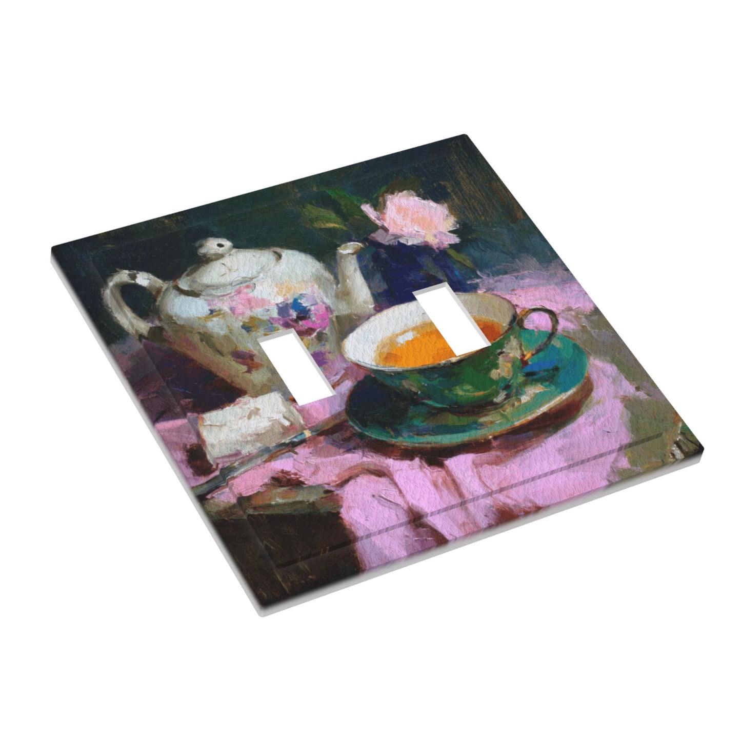 Modern Leather Texture Double Toggle Switch Plate – Artistic Teapot & Teacup Painting Design