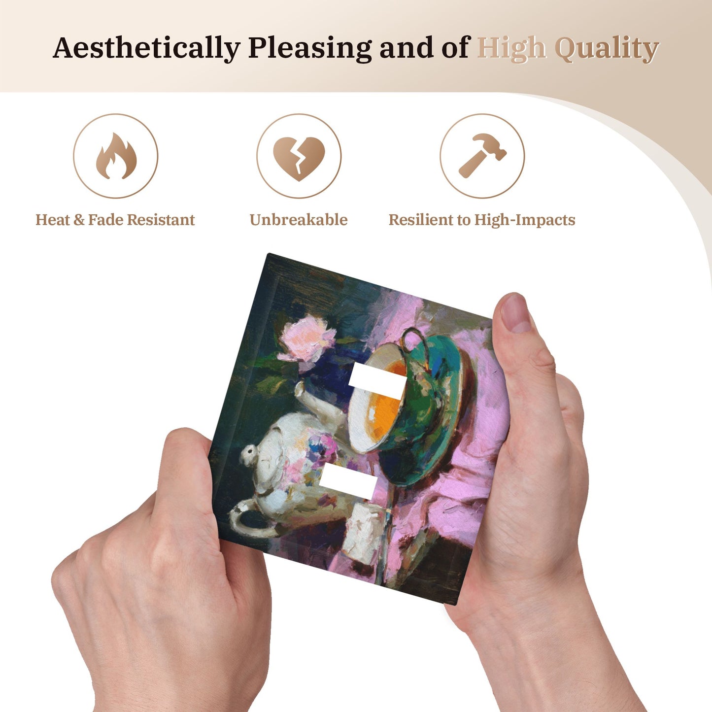 Modern Leather Texture Double Toggle Switch Plate – Artistic Teapot & Teacup Painting Design