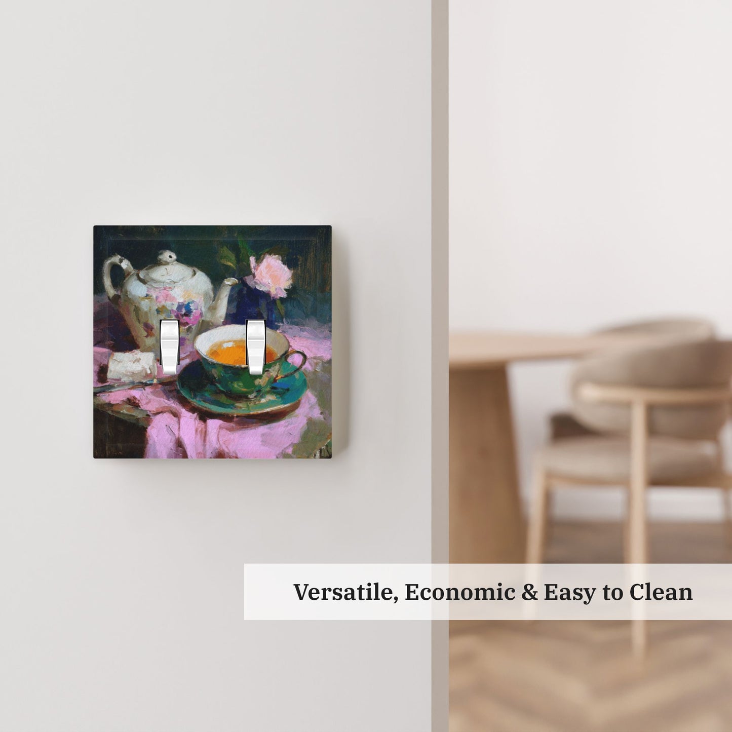 Modern Leather Texture Double Toggle Switch Plate – Artistic Teapot & Teacup Painting Design