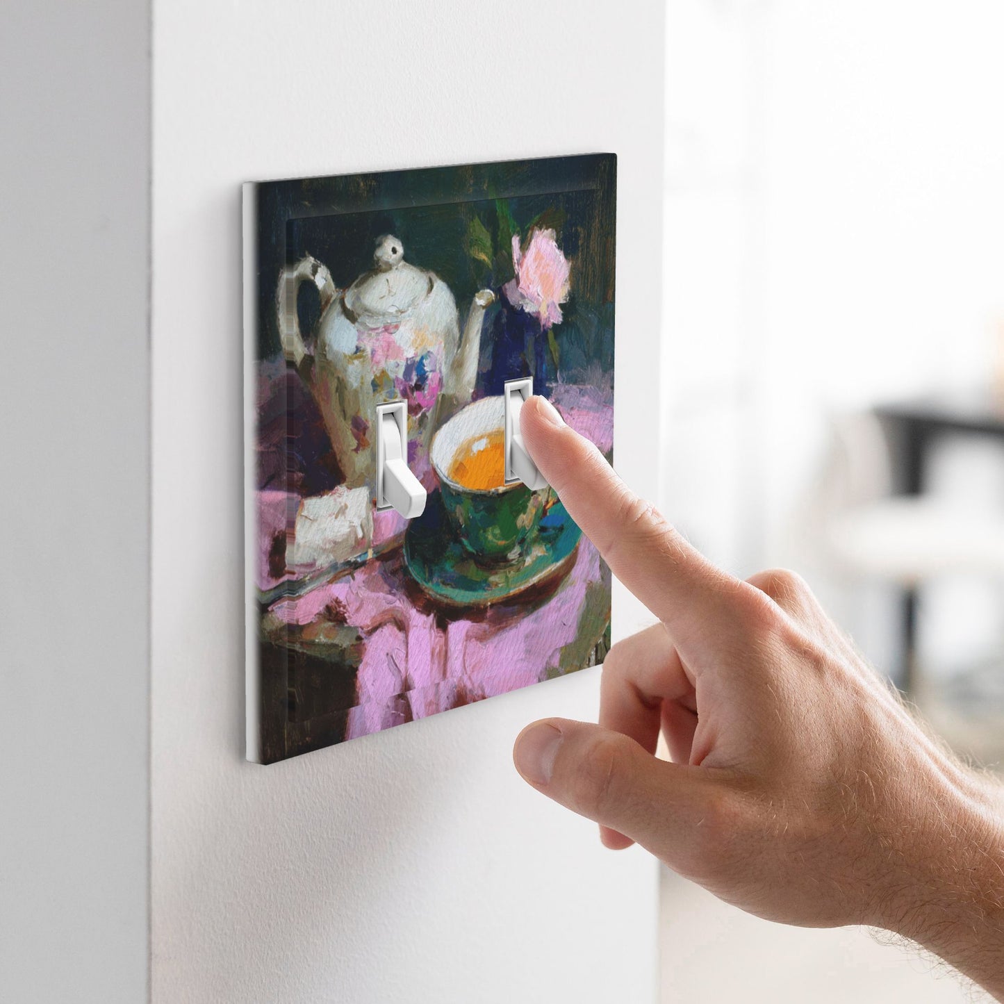 Modern Leather Texture Double Toggle Switch Plate – Artistic Teapot & Teacup Painting Design