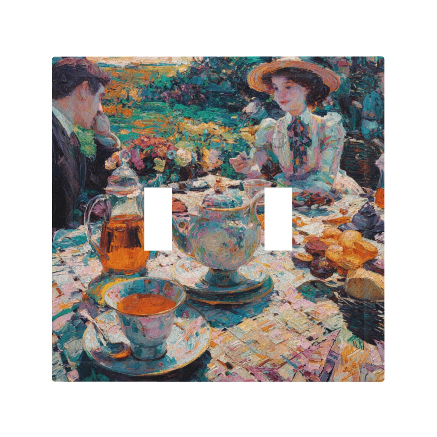 Modern Leather Texture Double Toggle Switch Plate – Artistic Garden Tea Party Oil Painting Design