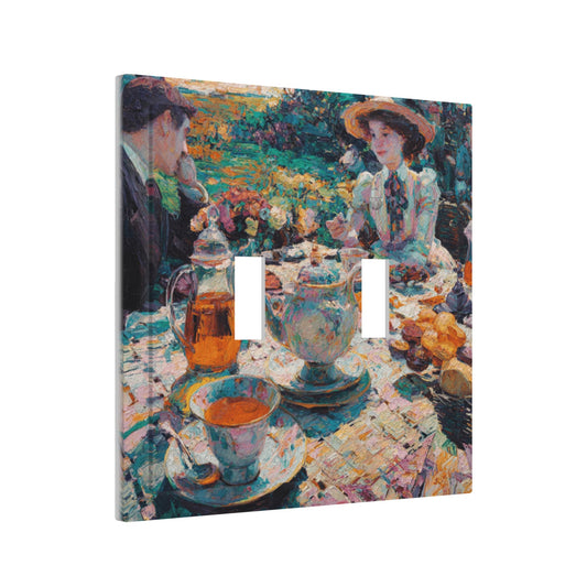 Modern Leather Texture Double Toggle Switch Plate – Artistic Garden Tea Party Oil Painting Design