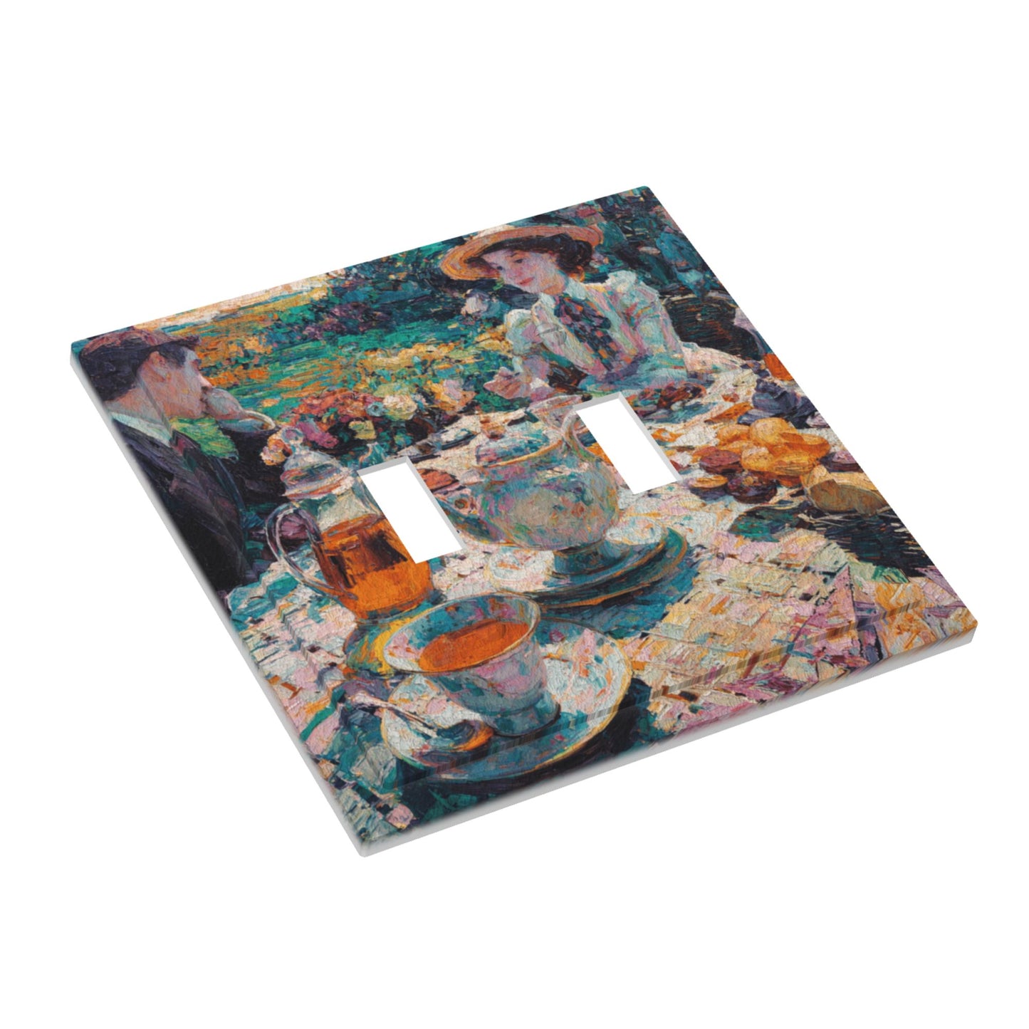 Modern Leather Texture Double Toggle Switch Plate – Artistic Garden Tea Party Oil Painting Design