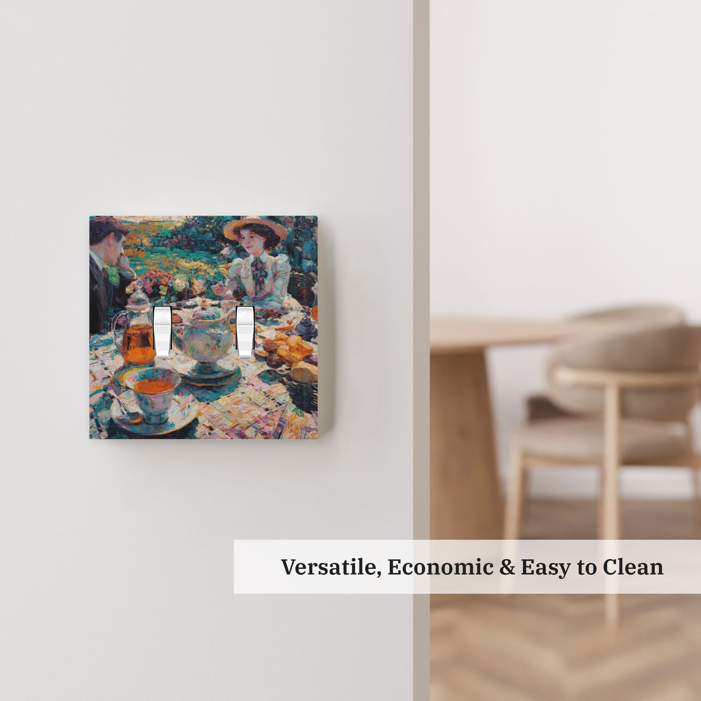 Modern Leather Texture Double Toggle Switch Plate – Artistic Garden Tea Party Oil Painting Design