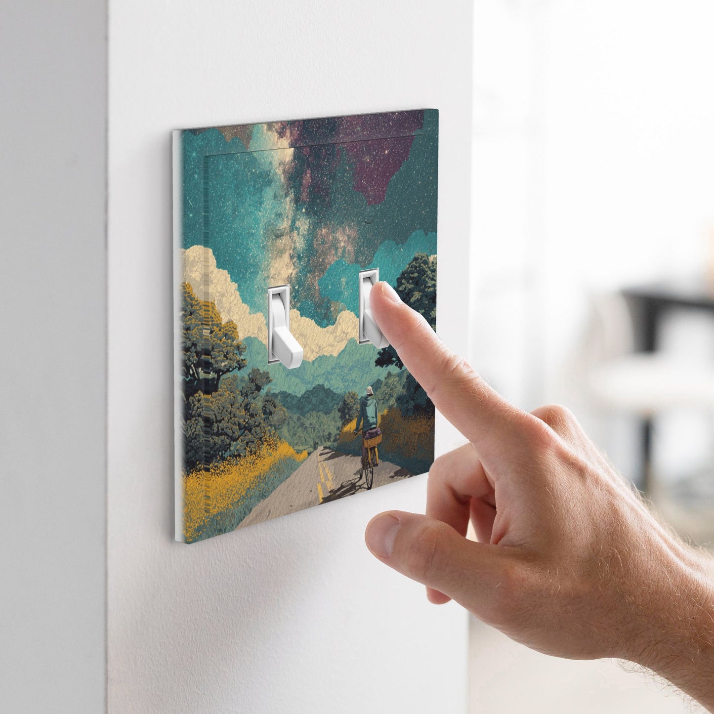 Modern Leather Texture Double Toggle Switch Plate – Starry Sky Cyclist Art Design