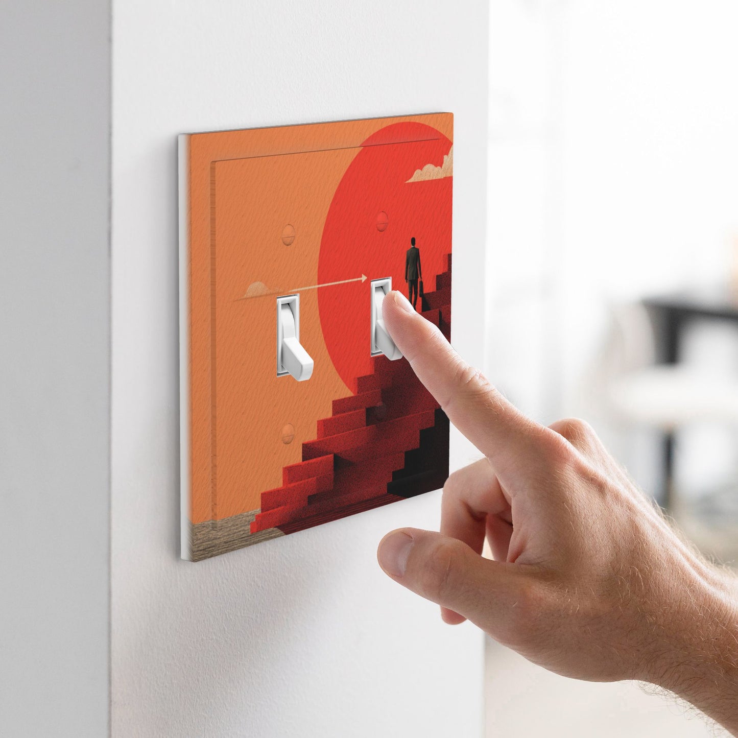 Modern Leather Texture Double Toggle Switch Plate – Red Sun Stairway Art Design